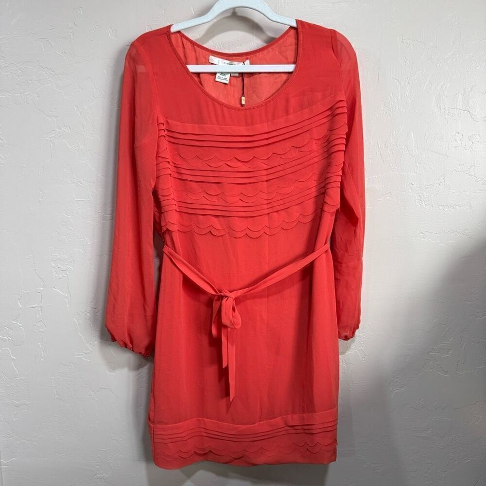 Studio M Dress Coral Orange Belted Long Sheer Sleeve Pleated Womens Size Small